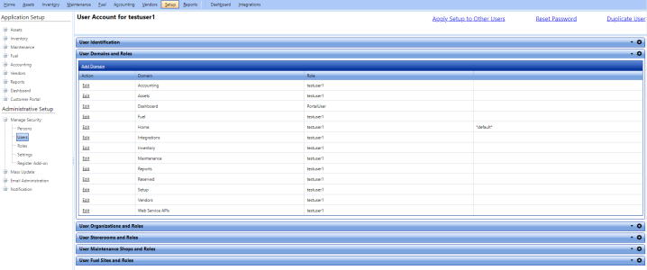 User domains and roles page